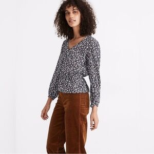 Madewell Silk Button- Front Peplum Top in Harvest Vine